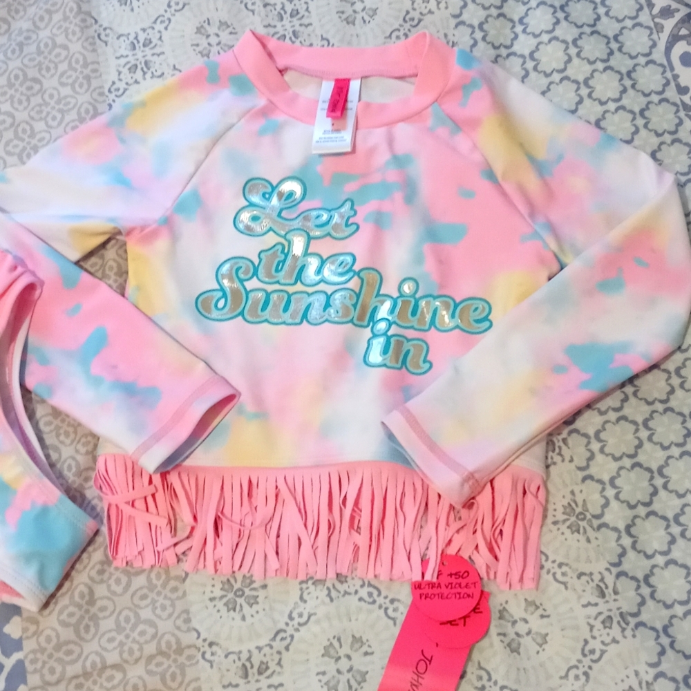 Betsey Johnson Girl Pink/Blue Dye 2 PC Lining Swimsuit L/Sleeve Rash Guard 5